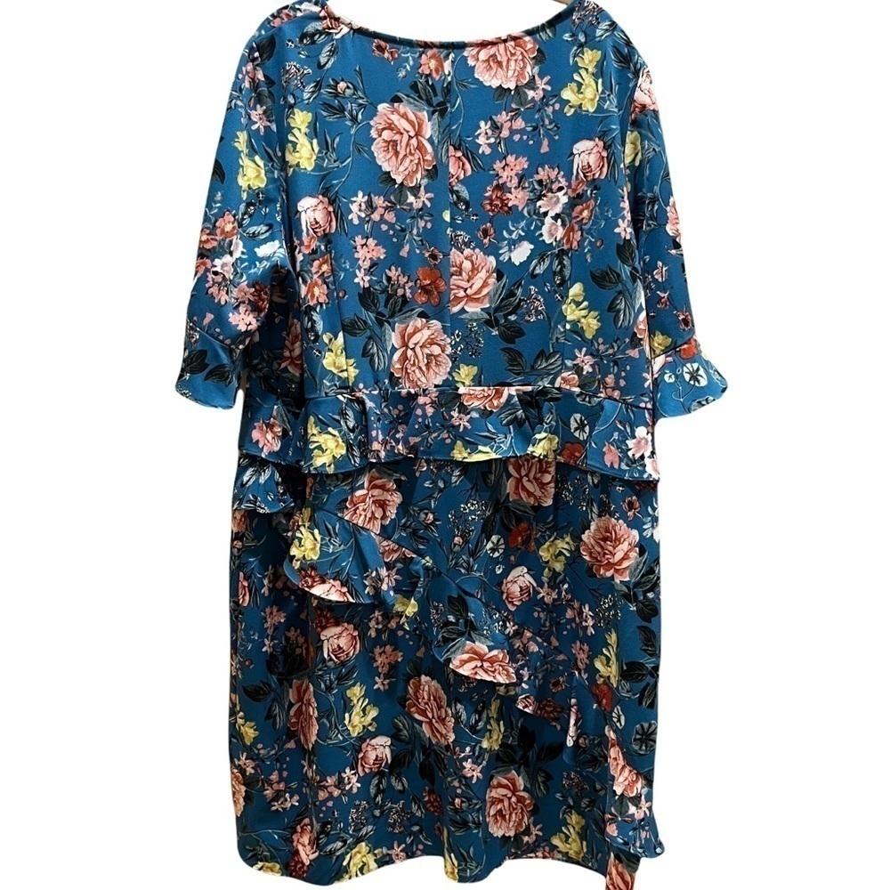 Laundry by Shelli Segal Teal Blue Floral Print Asymmetrical Ruffled Dress Sz 18W - Picture 8 of 10